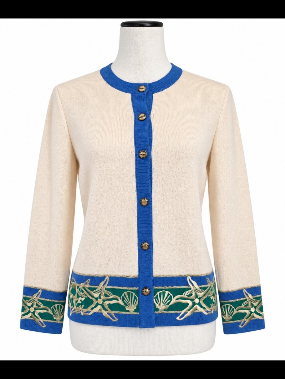 St John Marie Gray Vintage Santana Knit Nautical Cardigan Starfish Size 4 - Picture 1 of 11